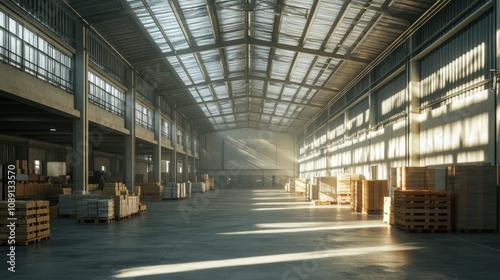 A spacious warehouse with wooden pallets, sunlight streaming through high windows, creating a warm and inviting atmosphere.