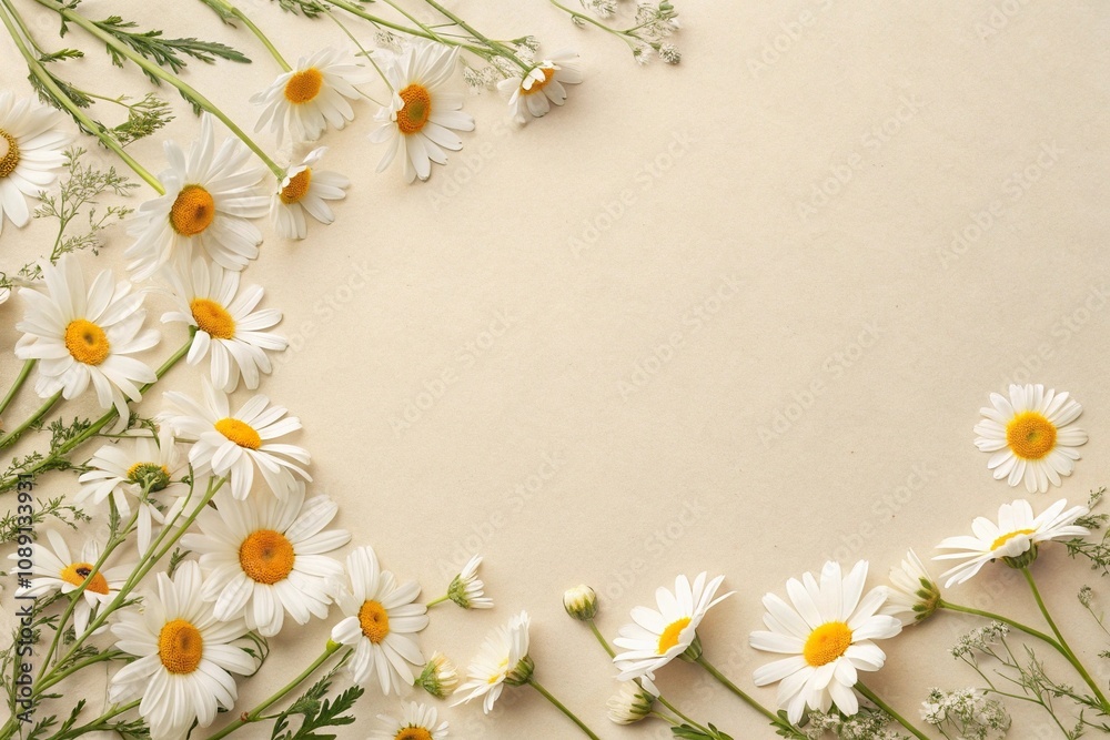 Fototapeta premium Elegant Chamomile Daisy Flowers Pattern on Neutral Beige Background with Copy Space, design for printing, elegant designs, subtle patterns, graphic designs, neutral tones