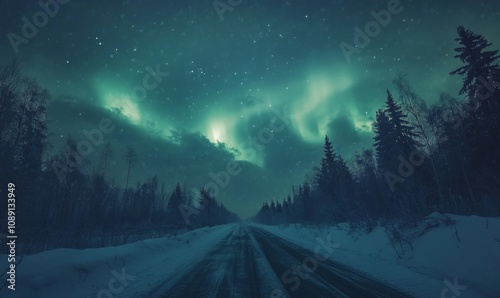 Northern Lights Over Snowy Road