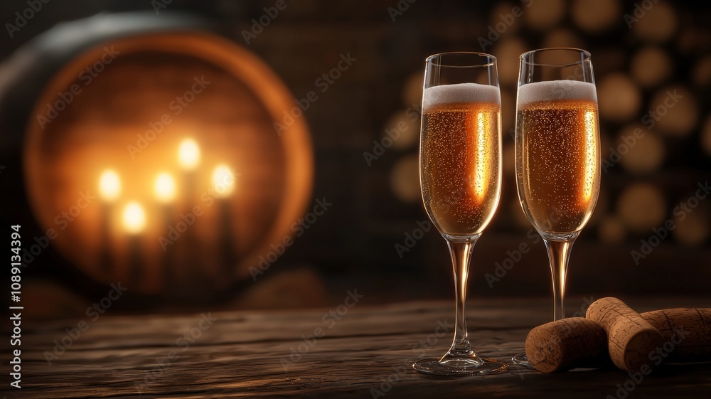 Two elegant glasses of sparkling wine are set against a rustic background with soft candlelight, creating a warm and inviting atmosphere. Two elegant glasses of sparkling wine are set against a rustic background with soft candlelight, creating a warm and inviting atmosphere.