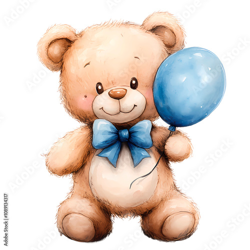 Cute watercolor newborn baby boy bear with a balloon isolated on transparent background