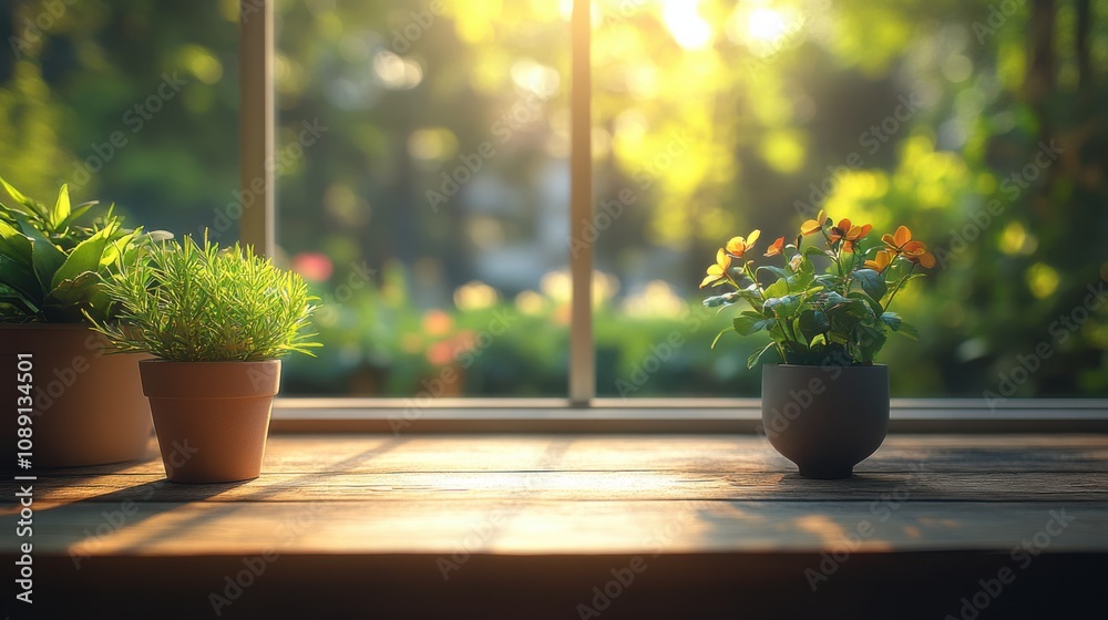 A serene indoor scene featuring potted plants on a wooden surface, bathed in warm, soft sunlight filtering through a window.