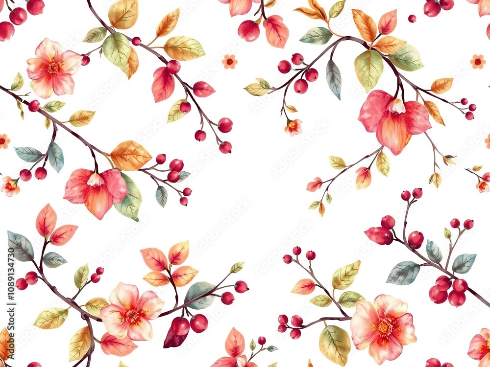 Fall Floral Watercolour Seamless Tile Pattern with Vines and Berries, natural elements, berry bushes, watercolor art Fall Floral Watercolour Seamless Tile Pattern with Vines and Berries, natural elements, berry bushes, watercolor art