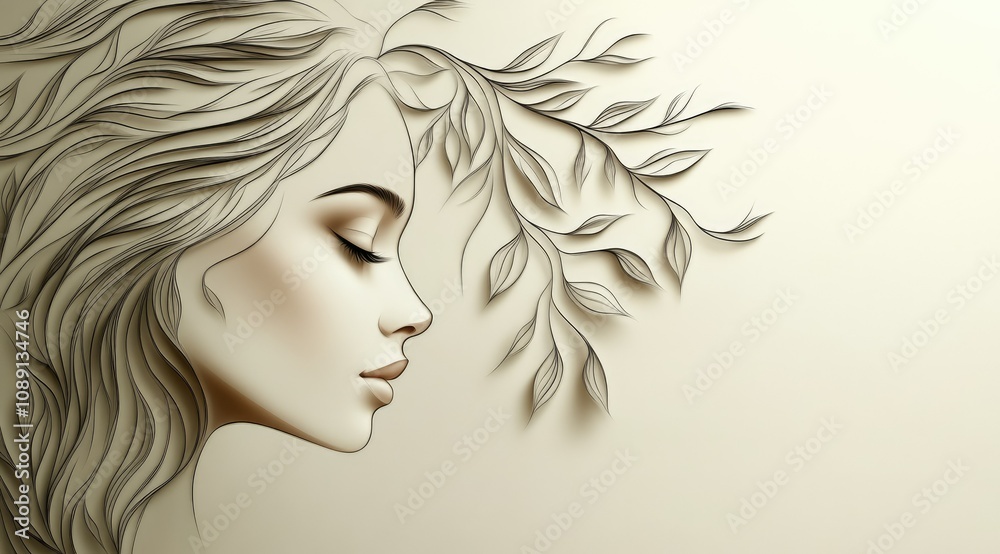 Serene woman profile with leaves, paper art style. Serene woman profile with leaves, paper art style.