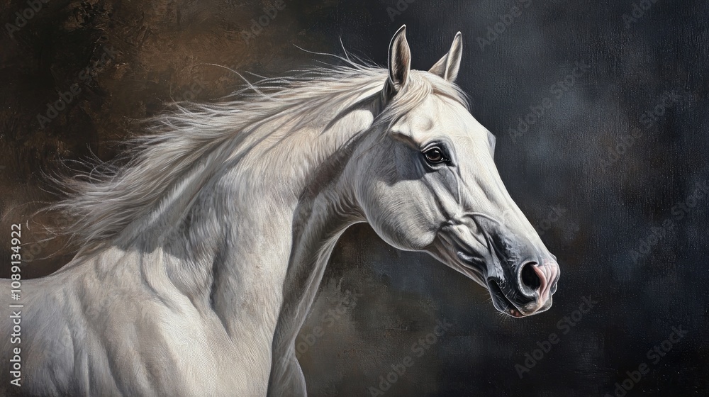 Majestic white horse portrait with flowing mane, prominently featured against a dramatic dark background showcasing intricate details and textures. Majestic white horse portrait with flowing mane, prominently featured against a dramatic dark background showcasing intricate details and textures.