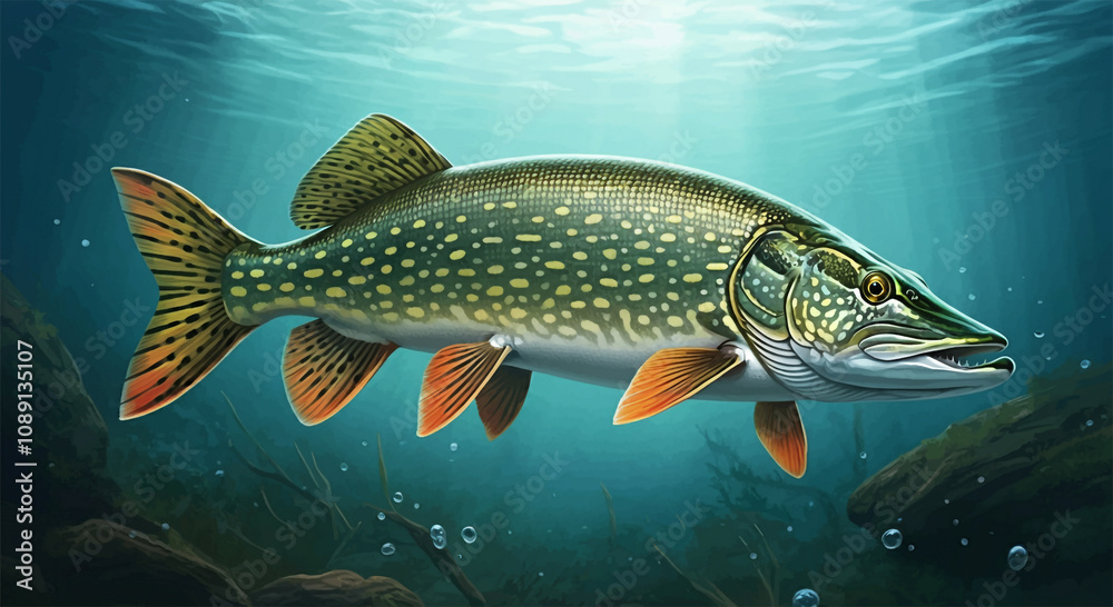 Naklejka premium Northern Pike Fish in the Water, Stream or River, Isolated Nature Wildlife Fishing Angler Illustration