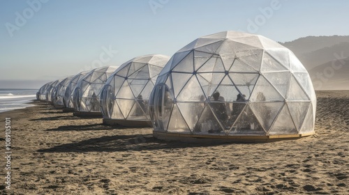 Transparent geodesic domes line a sandy beach, offering unique outdoor spaces with a scenic view of the ocean and hills in the background.
