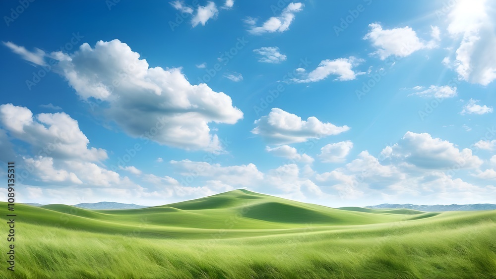 Grassy landscape with small hills shining blu sky with cloud