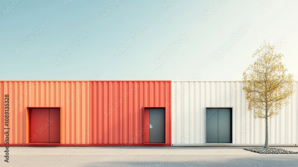Colorful series of three shipping containers lined up with vibrant red, bright orange, and sleek white exteriors against a clear sky and minimalistic landscape. Colorful series of three shipping containers lined up with vibrant red, bright orange, and sleek white exteriors against a clear sky and minimalistic landscape.