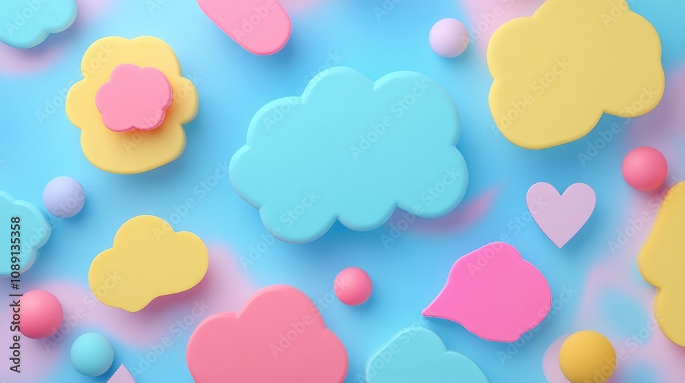 Vibrant speech bubbles in playful colors featuring pink, yellow, and blue shapes against a soft pastel blue background with colorful accents.