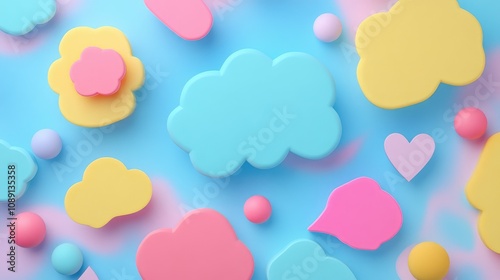 Vibrant speech bubbles in playful colors featuring pink, yellow, and blue shapes against a soft pastel blue background with colorful accents.