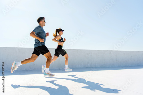 Schilderij op canvas Couple Running Together on a Sunny Day, Enjoying Outdoor Fitness and Healthy Lif