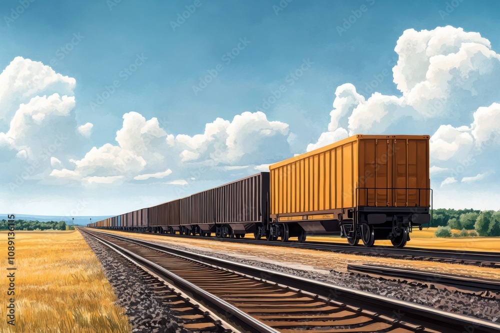 Fototapeta premium Transportation and distribution concept featuring vehicles. A train laden with cargo travels along a serene landscape under a clear blue sky with fluffy clouds, showcasing an expansive view of fields