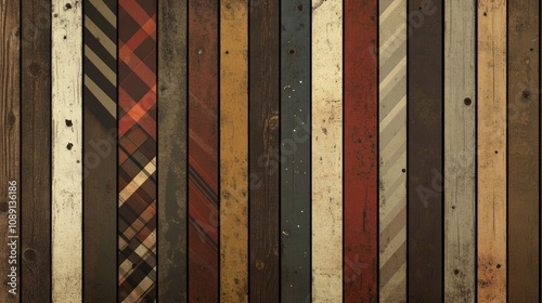 Various men neckties arranged artistically on aged wood, with blank space for card designs or text overlays. photo