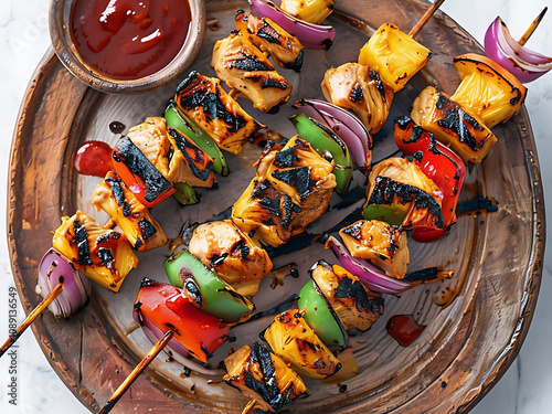 Barbecue Served on a Rustic Wooden Plate with Barbecue Sauce photo