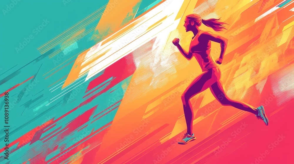 Dynamic Woman Running in a Vibrant Abstract Background Capturing Energy and Motion in a Colorful Sports Illustration Dynamic Woman Running in a Vibrant Abstract Background Capturing Energy and Motion in a Colorful Sports Illustration