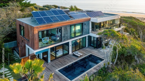 A contemporary coastal home with solar panels on the roof, blending modern architecture with energy-efficient technology.