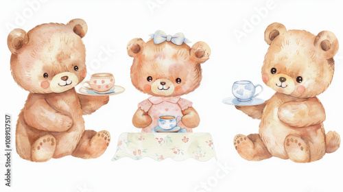 Adorable watercolor bears having a tea party, perfect for children's decor, invitations, or nursery illustrations.