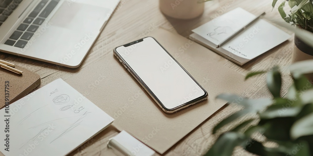A creative workspace featuring a phone mock-up alongside branding materials and sketches A creative workspace featuring a phone mock-up alongside branding materials and sketches