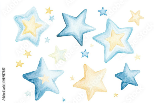 Beautiful watercolor stars in soft colors, perfect for children's designs or whimsical themes. Adds a dreamy touch to any project.