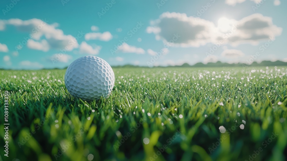 A close-up of a golf ball resting on lush green grass under a bright blue sky, capturing a serene moment in a golf setting. A close-up of a golf ball resting on lush green grass under a bright blue sky, capturing a serene moment in a golf setting.