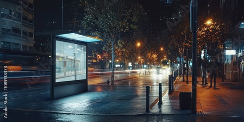 A creative workspace with a digital bus shelter mock-up displayed on a screen for design review