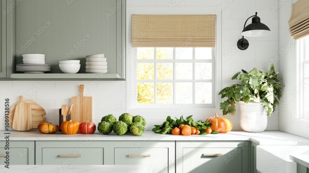Bright kitchen with fresh vegetables and fruits on the countertop, inviting and vibrant. Bright kitchen with fresh vegetables and fruits on the countertop, inviting and vibrant.