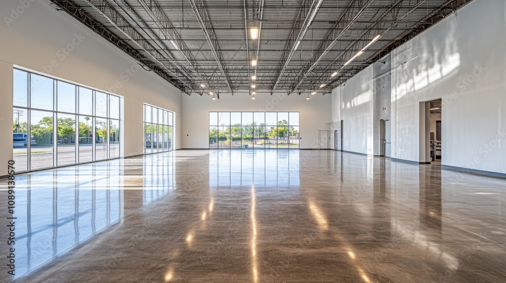 Fototapeta premium A spacious, modern interior featuring polished floors, large windows, and high ceilings, perfect for events or commercial use.