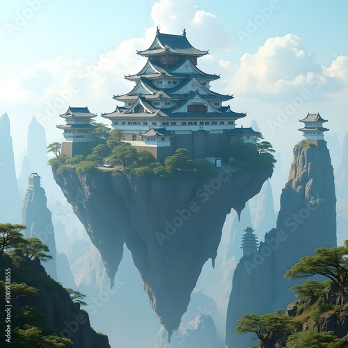 Floating castle in a futuristic city