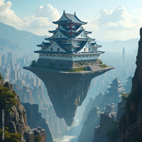 Floating castle in a futuristic city