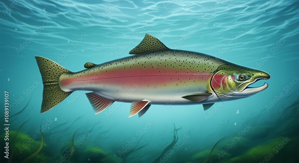 Salmon Fish in the Water, Stream or River, Isolated Nature Wildlife Fishing Angler Illustration Salmon Fish in the Water, Stream or River, Isolated Nature Wildlife Fishing Angler Illustration