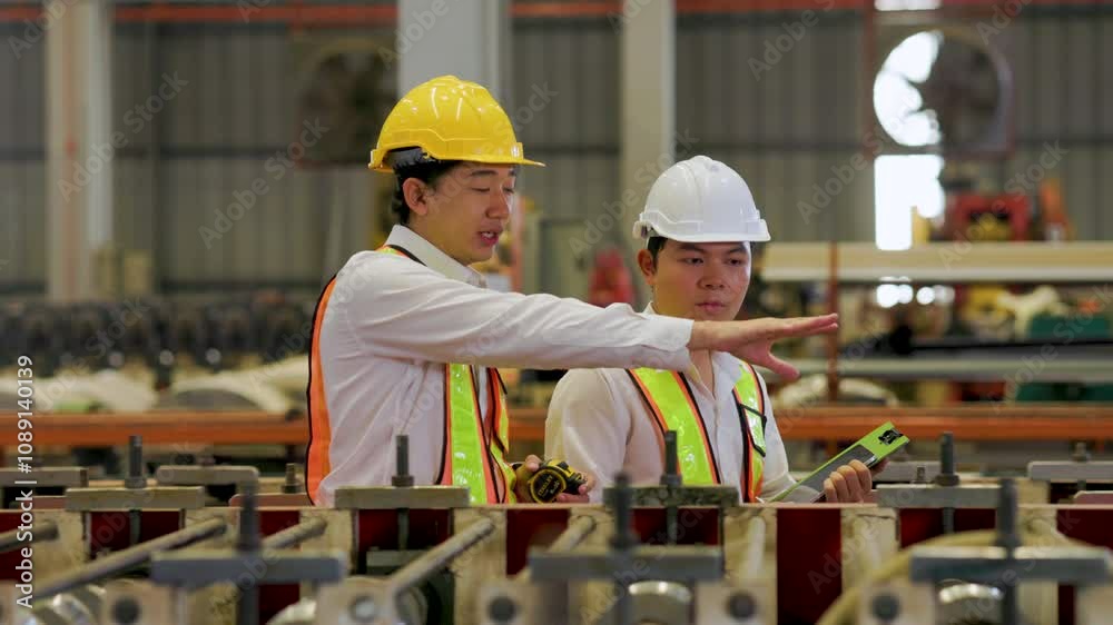 Slowmotion Asian man team engineer worker working control sheet metal roof tile roll forming machine at metal sheet profiling factory. Industrial production. Unity and teamwork Slowmotion Asian man team engineer worker working control sheet metal roof tile roll forming machine at metal sheet profiling factory. Industrial production. Unity and teamwork
