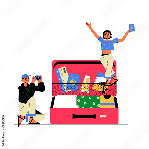 Travelers Packing Suitcase In Flat Vector Illustration Symbolizing Preparation, Vacation Planning, And Excitement, Isolated On White Background.