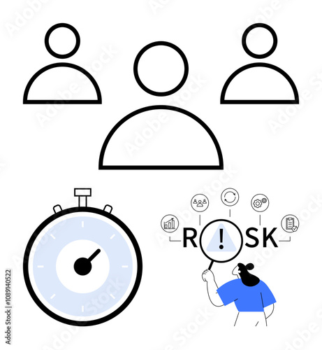 Three figures symbolizing teamwork, stopwatch indicating time management, and person analyzing risk factors. Ideal for project management, team synchronization, efficiency, time tracking