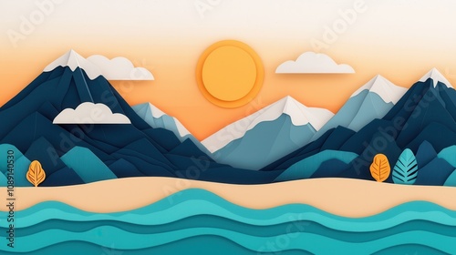 Tranquil seaside papercut landscape at sunset nature themed art serene coastal environment aesthetic viewpoint paper craft concept