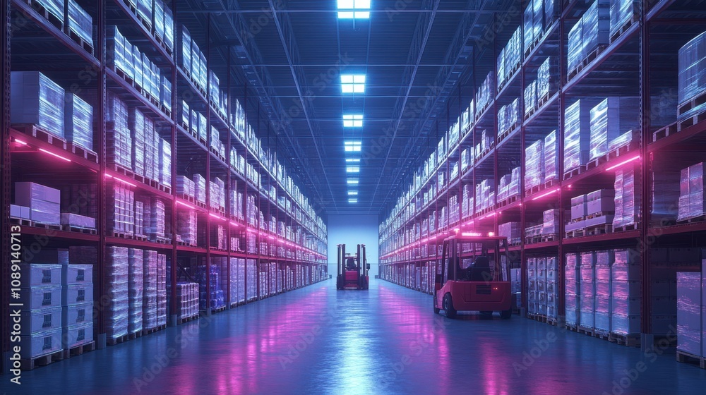 A modern warehouse with illuminated shelves stacked with boxes, featuring a forklift, showcasing a vibrant and organized storage environment. A modern warehouse with illuminated shelves stacked with boxes, featuring a forklift, showcasing a vibrant and organized storage environment.