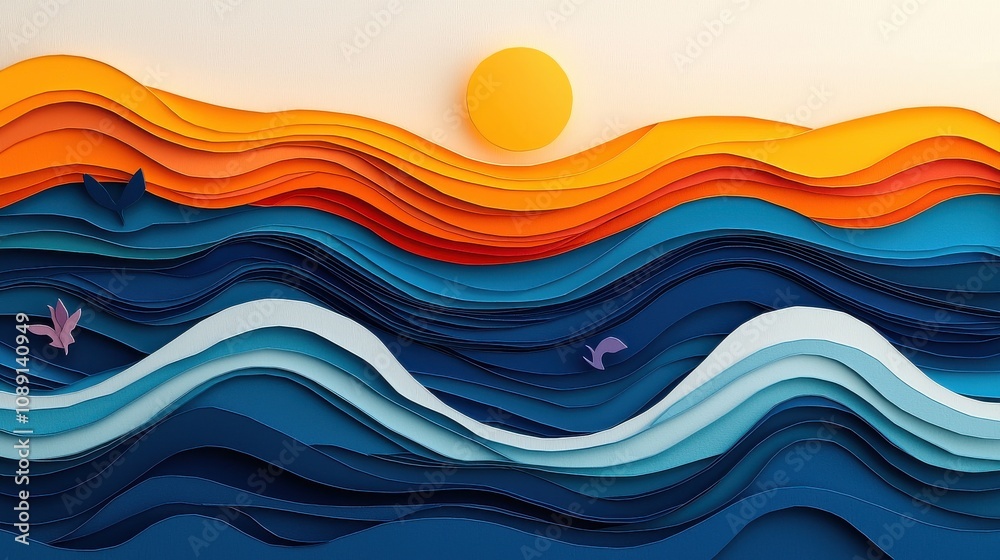Fototapeta premium Calm ocean sunset papercut art coastal setting graphic illustration tranquil environment creative perspective vibrant color concept for relaxation