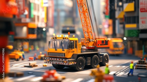 A toy construction crane in a bustling city, surrounded by miniature workers and vehicles.