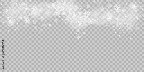 Christmas snowflakes on a transparent background. Snow flakes, snow background. Heavy snowfall, snowflakes in different shapes and forms.