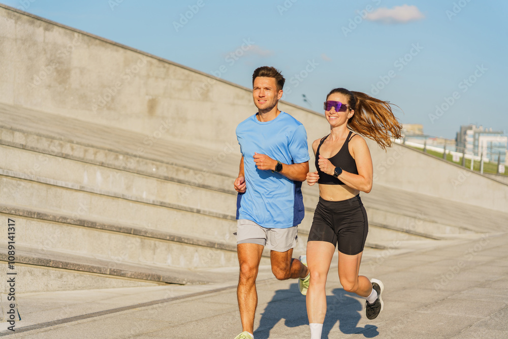 Fototapeta premium Two Runners Jog Together on a Sunny Day in an Urban Park Setting Near Modern Buildings