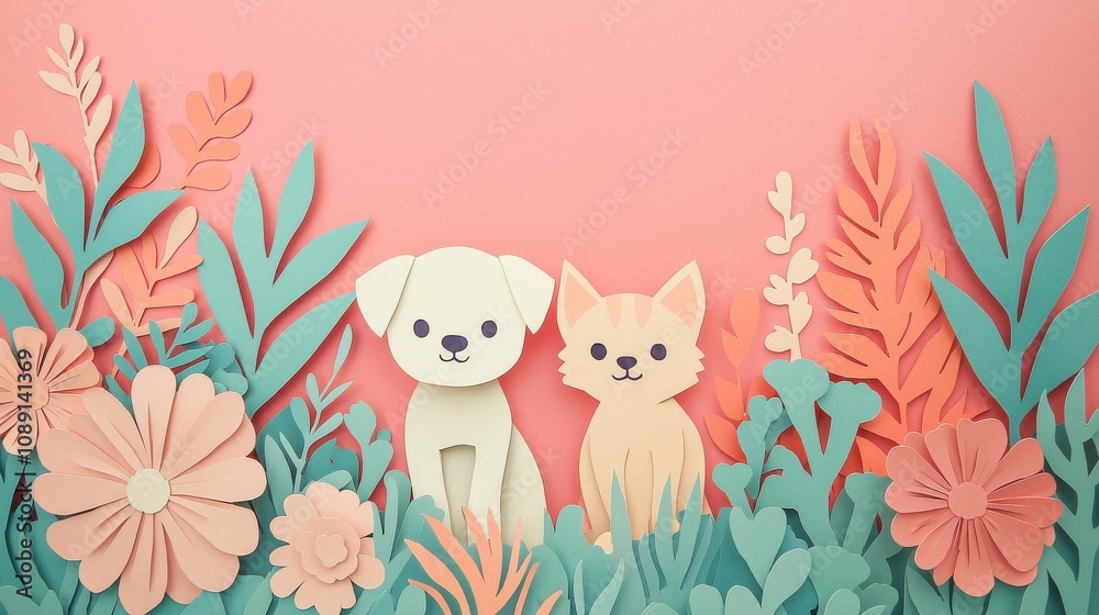 Playful papercut composition featuring a puppy and kitten amid vibrant floral elements studio display whimsical art close-up view fun concept Playful papercut composition featuring a puppy and kitten amid vibrant floral elements studio display whimsical art close-up view fun concept