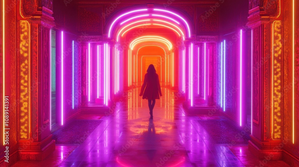 Fototapeta premium Neon Dreamscape: A Woman Walks Through a Vibrant, Futuristic Corridor
