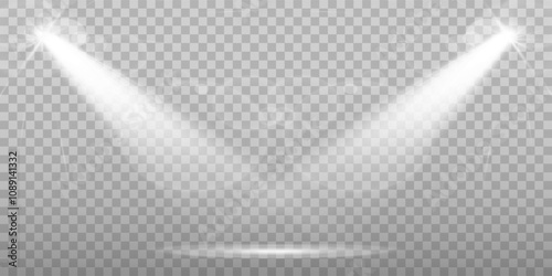 Scene illumination collection, transparent effects. Bright lighting with spotlights.