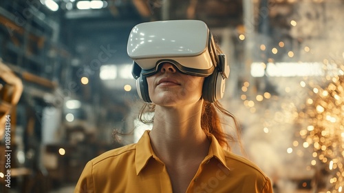 Female Engineer in Factory Using VR Headset for Simulation