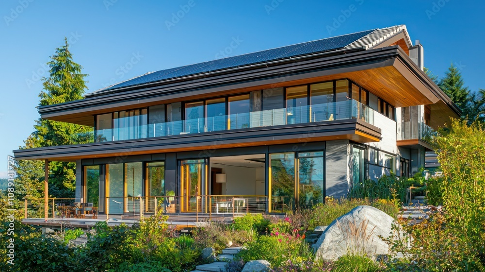 A modern house with a sloped roof, covered in solar panels, and large windows allowing natural light to flood the interior. A modern house with a sloped roof, covered in solar panels, and large windows allowing natural light to flood the interior.
