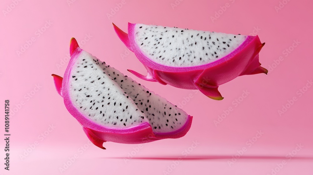 Two halves of a dragon fruit floating against a pink background.