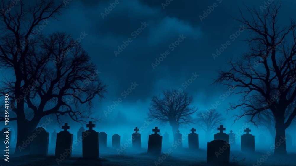Blue Halloween banner with foggy cemetery scene, tombstones, trees, spooky night, banner, tombstones, trees Blue Halloween banner with foggy cemetery scene, tombstones, trees, spooky night, banner, tombstones, trees