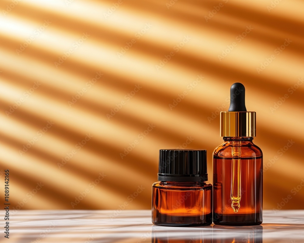 Naklejka premium Stylish amber glass containers with cosmetic oil and cream against a warm, textured backdrop, evoking luxury and self-care.