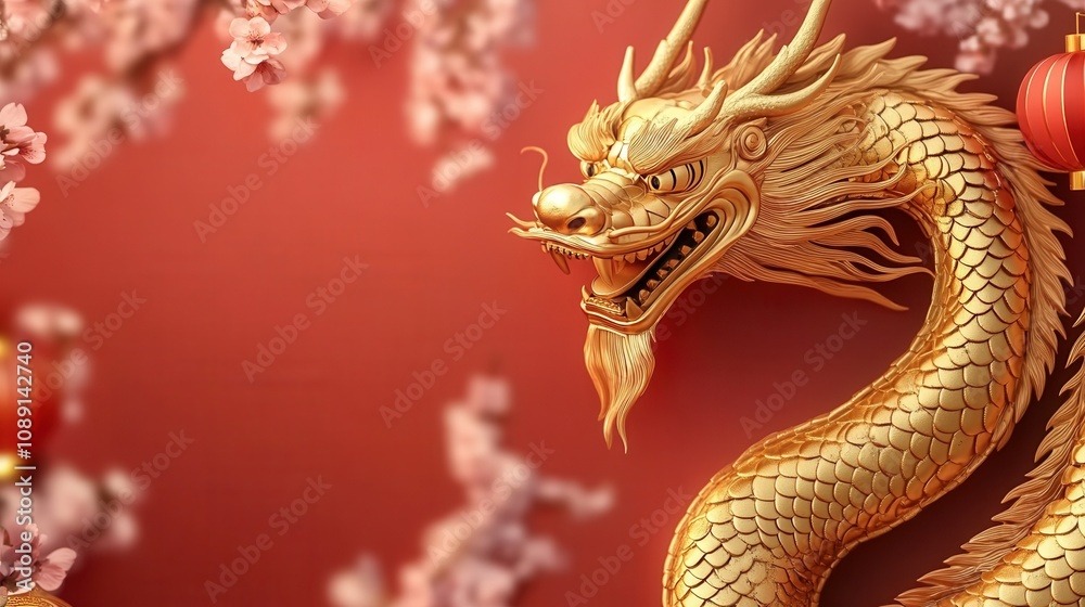 Fototapeta premium A vibrant golden dragon entwined among cherry blossoms and lanterns, symbolizing power and good fortune against a rich red backdrop.