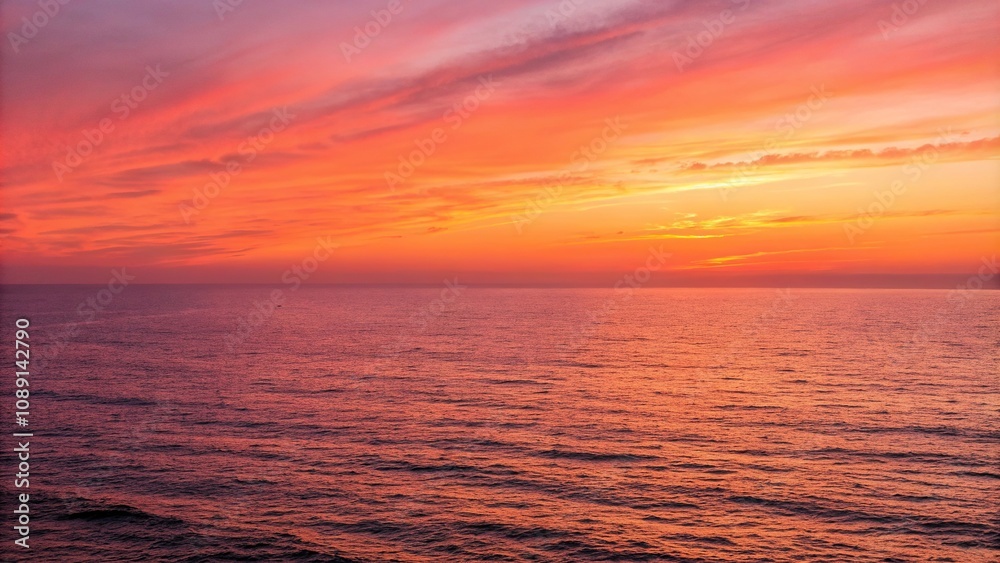 Fototapeta premium Ocean horizon stretches into vibrant orange and pink hues of sunset, sunsets at sea, color gradation, abstract landscape